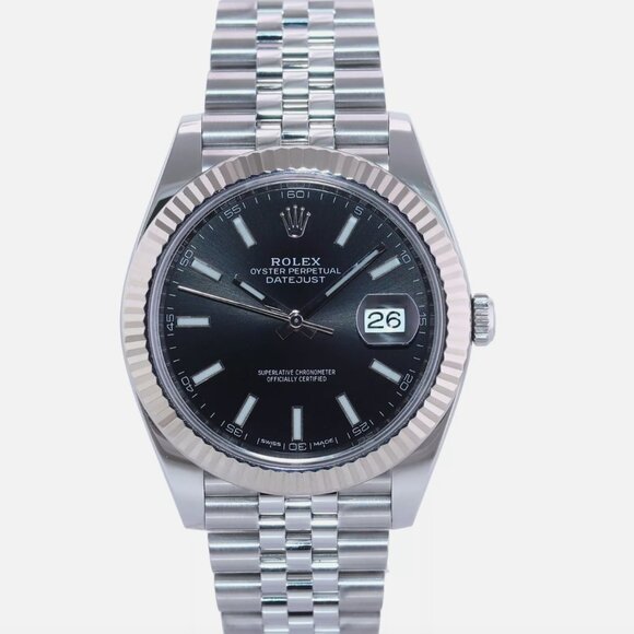 MINT MENS FLUTED BLACK ROLEX DATEJUST WITH BOX - Picture 2 of 7